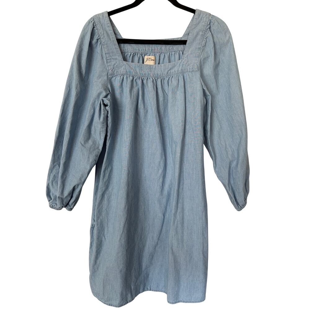 J. Crew Chambray Shift Knee Length Puff Sleeve Dress Blue Sz M